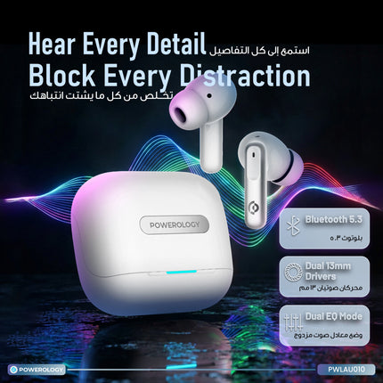 Powerology wireless earbuds with charging case on a dark background