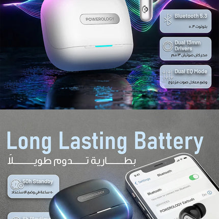 Wireless earbuds with charging case and smartphone app on a dark background
