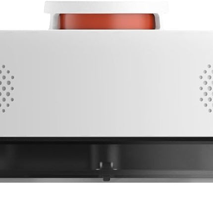 White electronic device with red accents on a white background