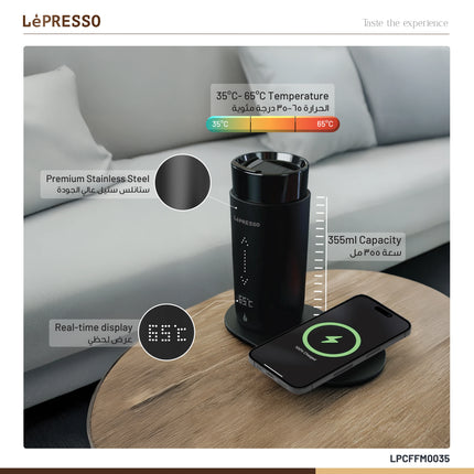 LEPRESSO TRAVEL HEATED MUG 12OZ WITH WIRELESS CHARGING PAD - BLACK