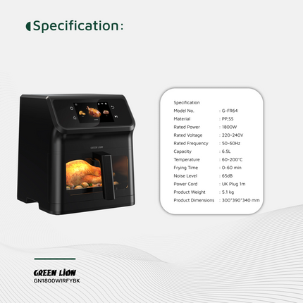 Green Lion Smart Air Fryer 6.5L is an efficient and convenient kitchen device for oil-free, healthier meal preparation. Constructed from durable polyp