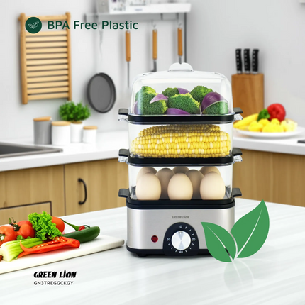 The Green Lion 3-tier Egg Cooker and Vegetable Steamer are a natural choice for easy cooking. This great machine is made of high-quality stainless ste
