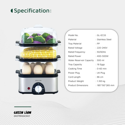 The Green Lion 3-tier Egg Cooker and Vegetable Steamer are a natural choice for easy cooking. This great machine is made of high-quality stainless ste