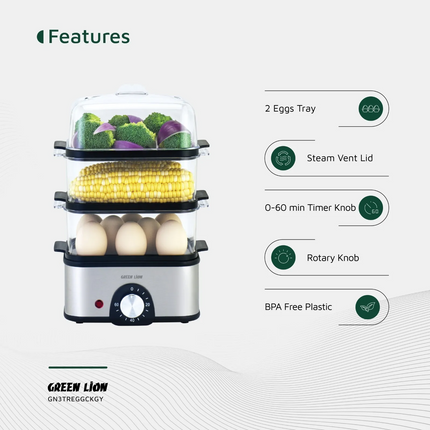 The Green Lion 3-tier Egg Cooker and Vegetable Steamer are a natural choice for easy cooking. This great machine is made of high-quality stainless ste