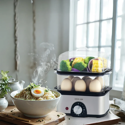 The Green Lion 3-tier Egg Cooker and Vegetable Steamer are a natural choice for easy cooking. This great machine is made of high-quality stainless ste
