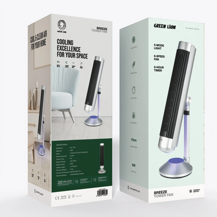 The sleek, bladeless Green Lion Breeze Tower Fan-in-silver with a turbine air duct motor for smooth and efficient airflow makes noise down to 52 decib