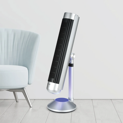 The sleek, bladeless Green Lion Breeze Tower Fan-in-silver with a turbine air duct motor for smooth and efficient airflow makes noise down to 52 decib