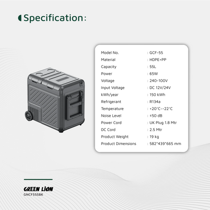 The Green Lion GFC-55 Car Fridge boasts a spacious capacity of 55L, ideal for keeping your food and drinks cool for a long drive or during some outdoo