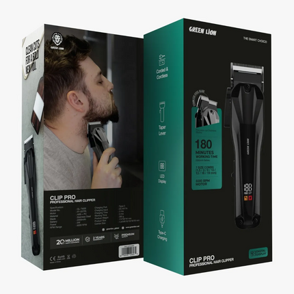 The Green Lion Clip Pro Professional Hair Clipper is designed for precision, power, and versatility. With a stainless steel blade and a 6000 RPM motor