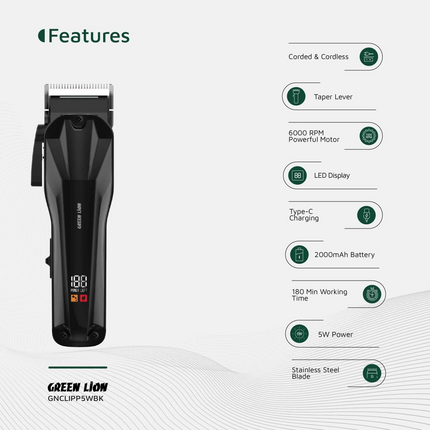 The Green Lion Clip Pro Professional Hair Clipper is designed for precision, power, and versatility. With a stainless steel blade and a 6000 RPM motor