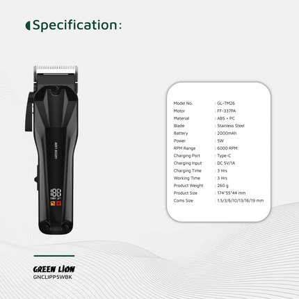The Green Lion Clip Pro Professional Hair Clipper is designed for precision, power, and versatility. With a stainless steel blade and a 6000 RPM motor