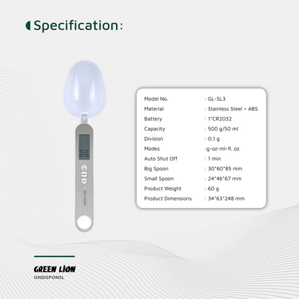 The Green Lion Digital Spoon Scale is a versatile, accurate measuring spoon for kitchen and professional use. It is made of durable stainless steel an