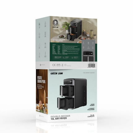 The Green Lion 10L Double-Decker Air Fryer in sleek black is the ultimate kitchen companion, designed for healthier and faster cooking. This product i