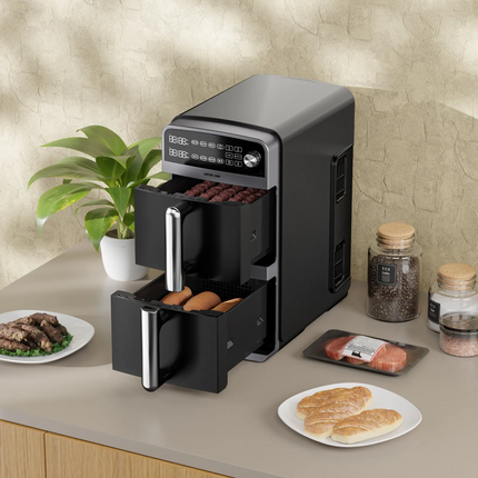 The Green Lion 10L Double-Decker Air Fryer in sleek black is the ultimate kitchen companion, designed for healthier and faster cooking. This product i