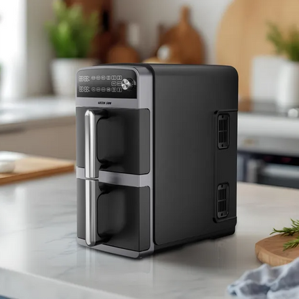 The Green Lion 10L Double-Decker Air Fryer in sleek black is the ultimate kitchen companion, designed for healthier and faster cooking. This product i