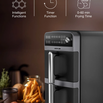 The Green Lion 10L Double-Decker Air Fryer in sleek black is the ultimate kitchen companion, designed for healthier and faster cooking. This product i