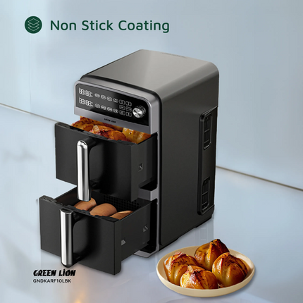 The Green Lion 10L Double-Decker Air Fryer in sleek black is the ultimate kitchen companion, designed for healthier and faster cooking. This product i
