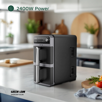 The Green Lion 10L Double-Decker Air Fryer in sleek black is the ultimate kitchen companion, designed for healthier and faster cooking. This product i