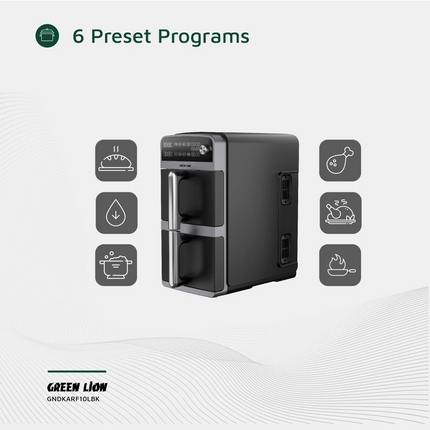 The Green Lion 10L Double-Decker Air Fryer in sleek black is the ultimate kitchen companion, designed for healthier and faster cooking. This product i