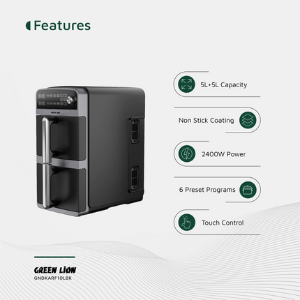 The Green Lion 10L Double-Decker Air Fryer in sleek black is the ultimate kitchen companion, designed for healthier and faster cooking. This product i