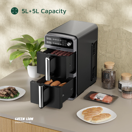 The Green Lion 10L Double-Decker Air Fryer in sleek black is the ultimate kitchen companion, designed for healthier and faster cooking. This product i