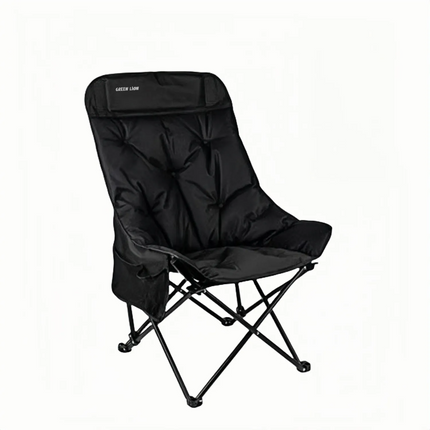 The Green Lion Desert Ranger Camping Chair is black and designed for comfort and strength. It is made from 600D Oxford fabric and steel pipe construct