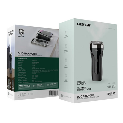 The Green Lion Duo Bakhour with 8000mAh Power Bank PD 22.5W provides a convenient and multi-functional solution for charging and burning your incense 