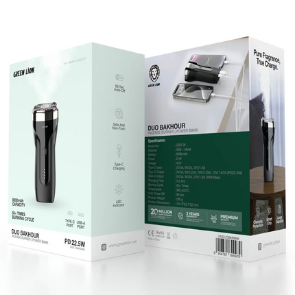 The Green Lion Duo Bakhour with 8000mAh Power Bank PD 22.5W provides a convenient and multi-functional solution for charging and burning your incense 