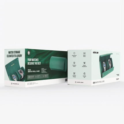 The Green Lion Duo Watch Roll Case in Rolex Green is a stylish and protective case made to store treasured timepieces. It is crafted with real leather