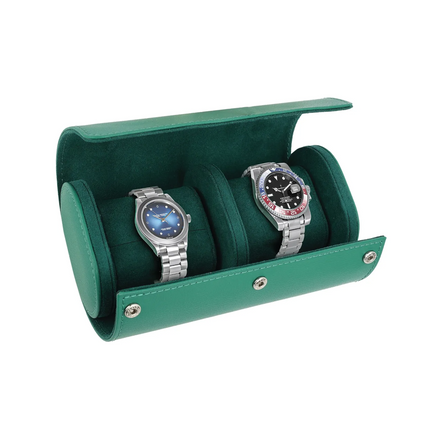 The Green Lion Duo Watch Roll Case in Rolex Green is a stylish and protective case made to store treasured timepieces. It is crafted with real leather
