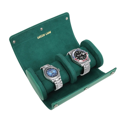 The Green Lion Duo Watch Roll Case in Rolex Green is a stylish and protective case made to store treasured timepieces. It is crafted with real leather