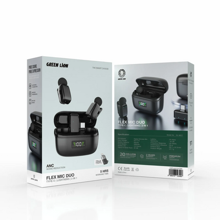 The Green Lion Flex Mic Duo is a state-of-the-art 2-in-1 wireless microphone for smooth audio recording and perfect streaming. A digital silicone micr