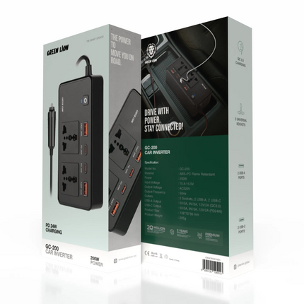 The Green Lion GC-200 Car Inverter is an indispensable companion for any road trip or on-the-go charging. Made from solid ABS + PC flame retardant, it