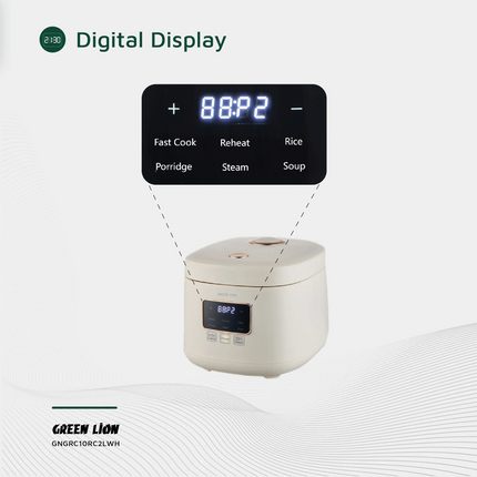 The Green Lion GRC-10 Digital Rice Cooker 2L is versatile and efficient in the kitchen, intending to simplify your cooking. High-quality PP material a