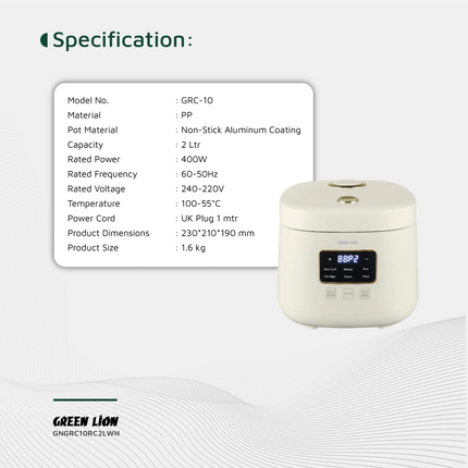 The Green Lion GRC-10 Digital Rice Cooker 2L is versatile and efficient in the kitchen, intending to simplify your cooking. High-quality PP material a