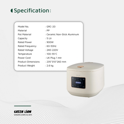 Green Lion GRC-20 Digital Rice Cooker 5L - The Green Lion GRC-20 Digital Rice Cooker 5L is a multi-functional and time-saving assistant for the kitchen, which makes cooking easier