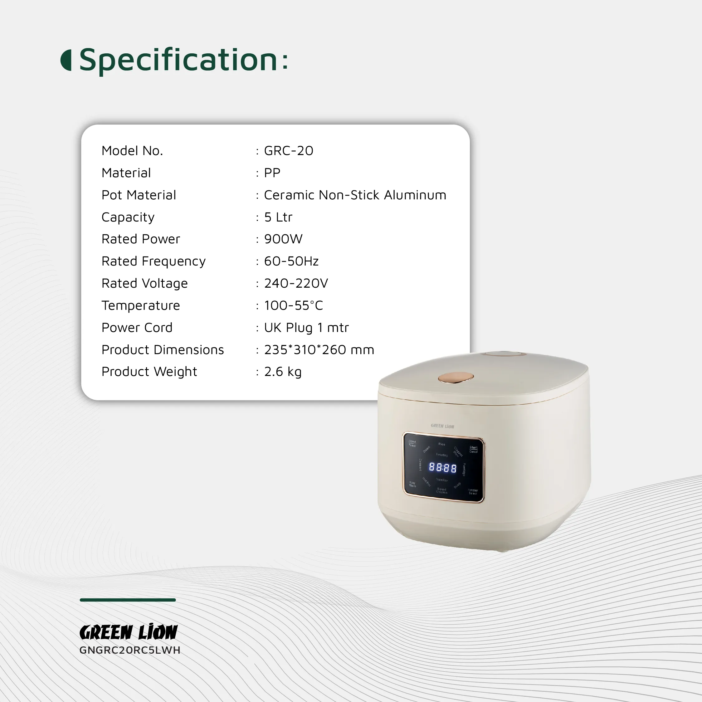 Kitchen Grc Green Lion GRC-20 Digital Rice Cooker 5L – Clix