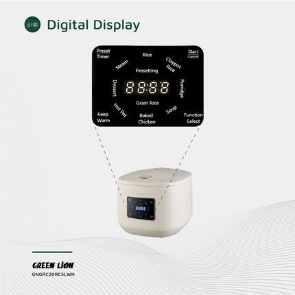Green Lion GRC-20 Digital Rice Cooker 5L - The Green Lion GRC-20 Digital Rice Cooker 5L is a multi-functional and time-saving assistant for the kitchen, which makes cooking easier