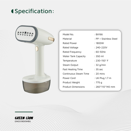 Green Lion Steam 1800W Garment Steamer utilizes strong and effective wrinkle removal with 1800W rated output and a 35-second quick heat-up time. Built