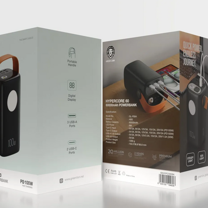 With an incredible capacity of 60000mAh, the Green Lion Hyper Core 60 Power Bank is the correct answer to charging on the go. Constructed using ABS ma