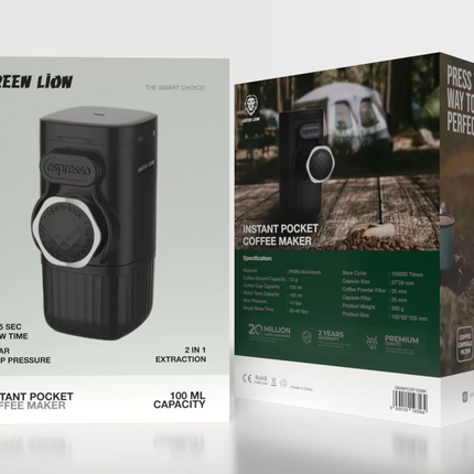 The Green Lion Instant Pocket Coffee Maker is compact and efficiently works to bring barista-quality coffee anywhere. Durable PA66 and aluminum materi