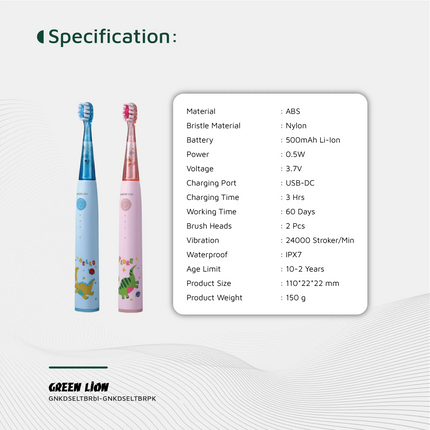 The Green Lion Electric Toothbrush, designed for Children's use, has been targeted at kids between the ages of two and ten in the hope of being more e