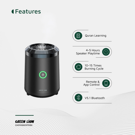 The Green Lion Mini Bakhour Pro with Quran Speaker is the best blend of new technology and traditional use. Made of durable ABS and metal, this compac