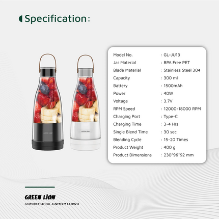 The Green Lion Mixmate 300ML Portable Juicer is designed to be compact and efficient and work as a blender for fresh and healthy drinks on the move. I