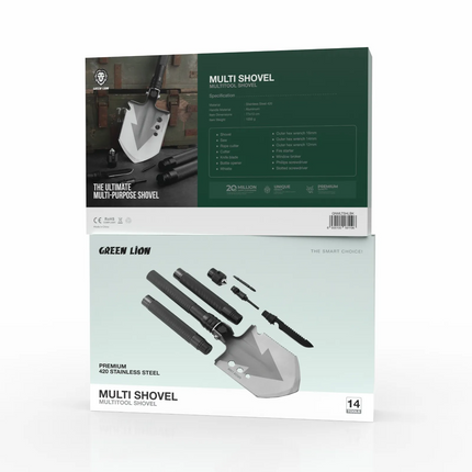 The Green Lion Multi Shovel is an all-around, robust, multifunctional tool for outdoor actions and emergencies. It is made of stainless steel 420 and 
