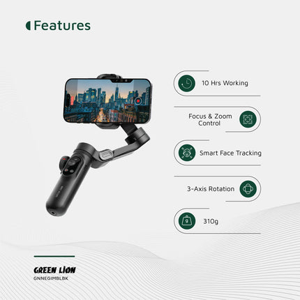 GREEN LION NEW YORK GIMBAL SMART FACE TRACKING - BLACK - Capture smooth, professional-quality videos effortlessly with the GREEN LION New York Gimbal Smart Face Tracking in sleek black