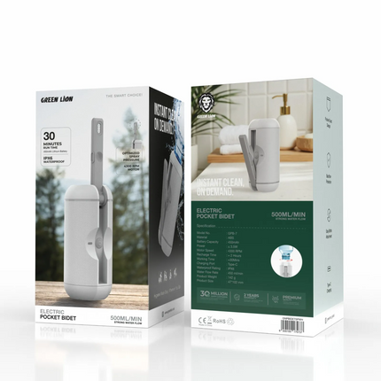 Your portable solution for personal hygiene is the Green Lion Electric Pocket Bidet. With a powerful water flow of 500 ml/min and a substantial 30 min