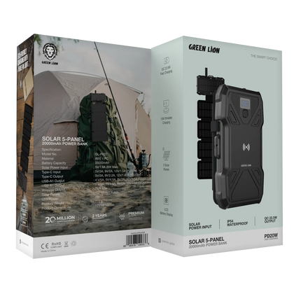 GREEN LION SOLAR 5-PANEL 20000MAH POWER BANK PD20W - BLACK - Stay charged anywhere with the GREEN LION Solar 5-Panel Power Bank in sleek black