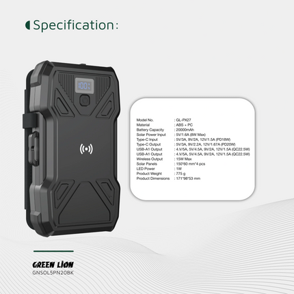 GREEN LION SOLAR 5-PANEL 20000MAH POWER BANK PD20W - BLACK - Stay charged anywhere with the GREEN LION Solar 5-Panel Power Bank in sleek black