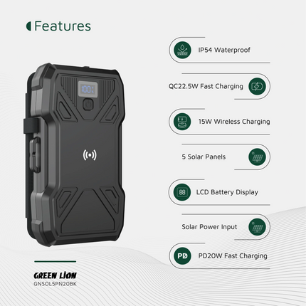 GREEN LION SOLAR 5-PANEL 20000MAH POWER BANK PD20W - BLACK - Stay charged anywhere with the GREEN LION Solar 5-Panel Power Bank in sleek black